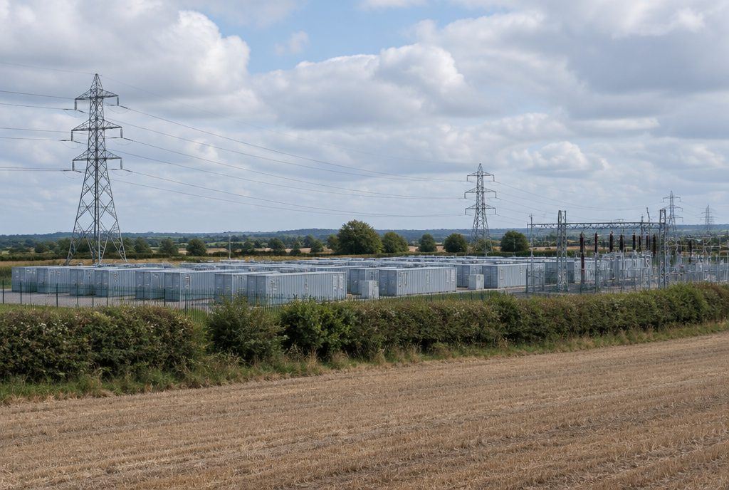 Battery energy storage containers beside a substation and pylons, behind a hedgerow