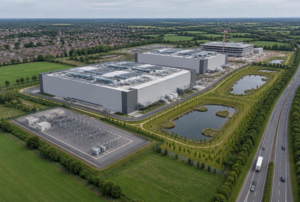 Aerial view of a data centre campus with a substation, attenuation ponds and a second building under construction