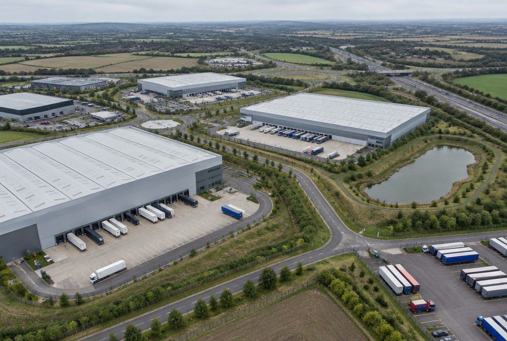 Aerial view of logistics warehouses with lorry yards, a balancing pond and a motorway junction