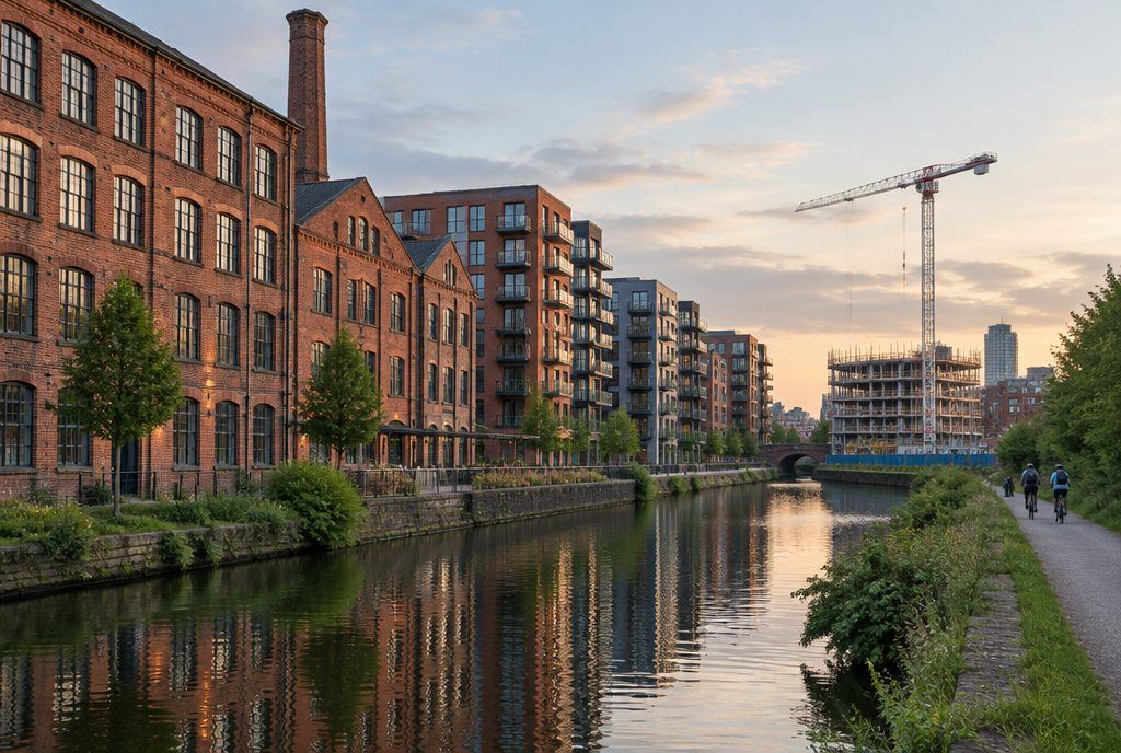 Converted red-brick mills and new apartment blocks beside a canal, with a tower crane beyond