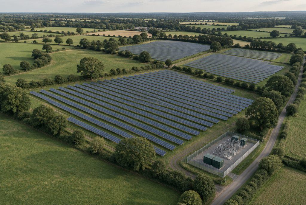 Aerial view of a solar farm among hedgerows with a fenced substation compound