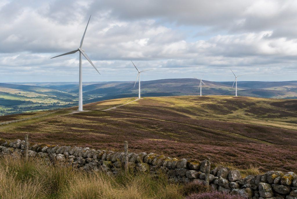 Onshore wind turbines on heather moorland behind a dry stone wall