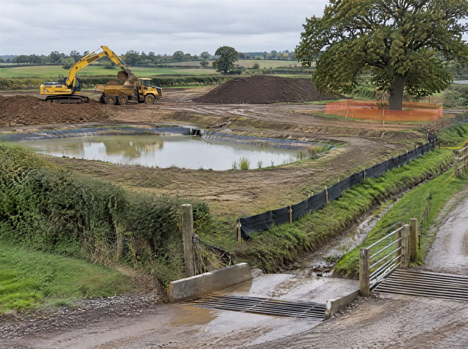 An earthworks site with a lined settlement pond, silt fencing along a ditch and protective fencing around a retained oak, as an excavator loads a dumper